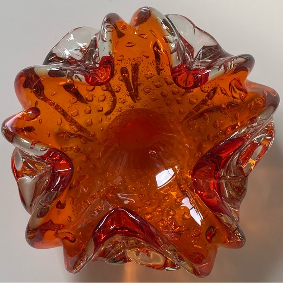 Vintage Barovier & Toso Orange Murano Glass Glass Bowl w/ silver leaf inclusions - Picture 10 of 13